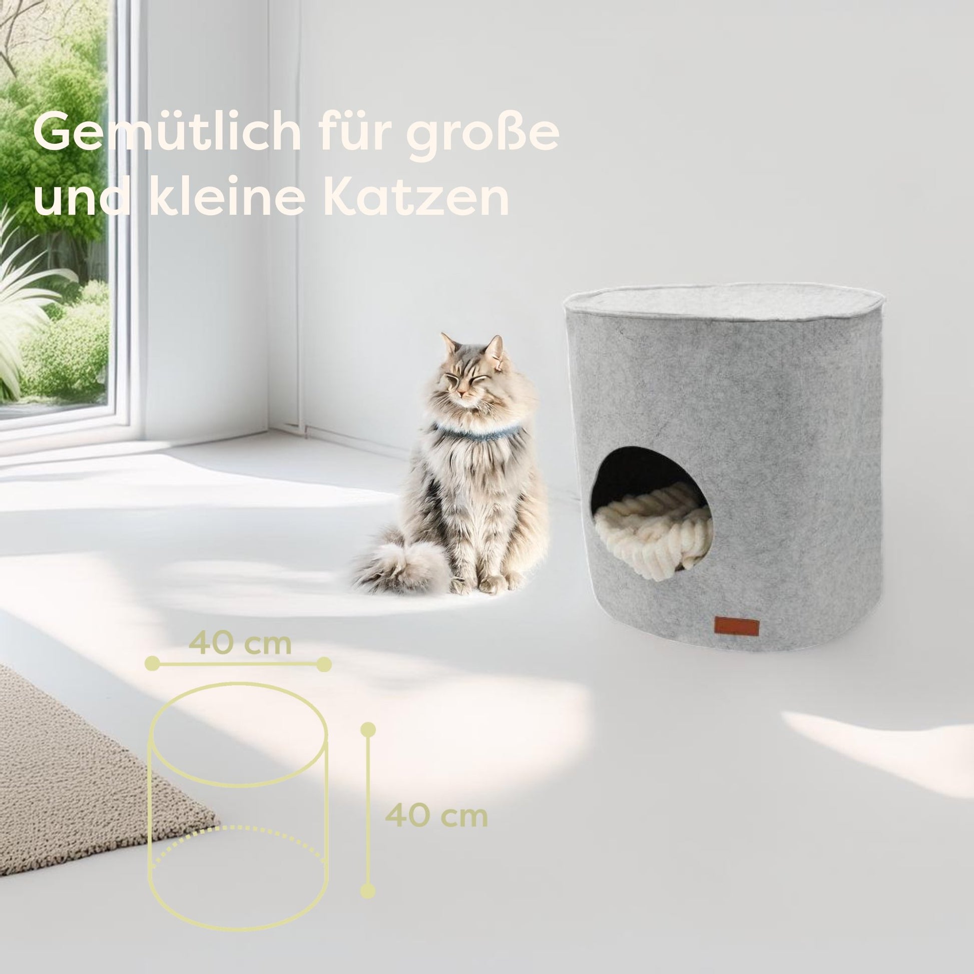 Katzenhöhle aus Filz mit rutschfestem Boden in einem modernen Raum – idealer Rückzugsort für Katzen