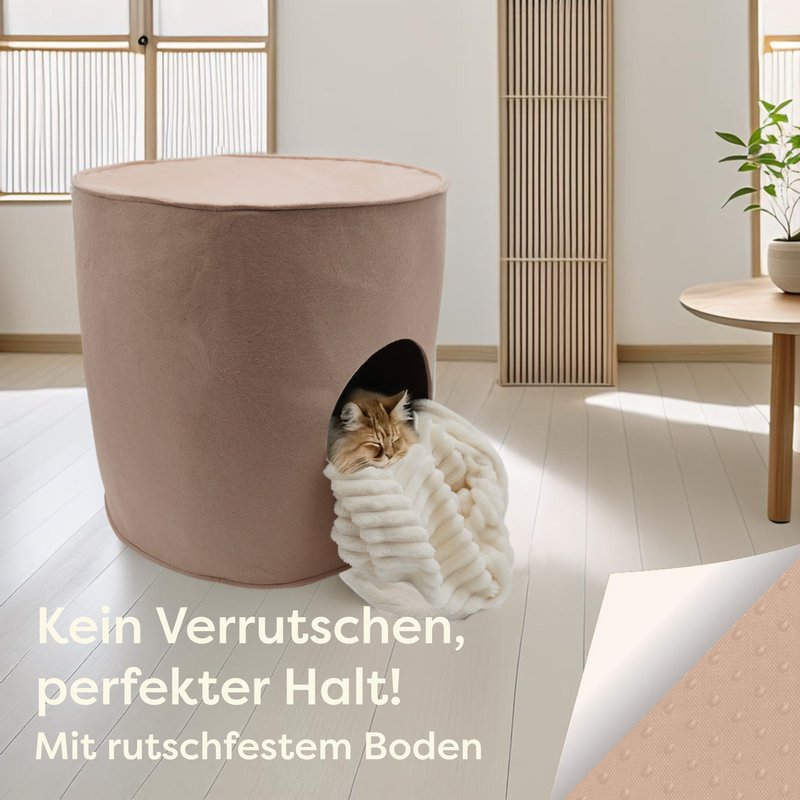 Stabile Katzenhöhle mit rutschfestem Boden in beige, bleibt sicher an Ort und Stelle