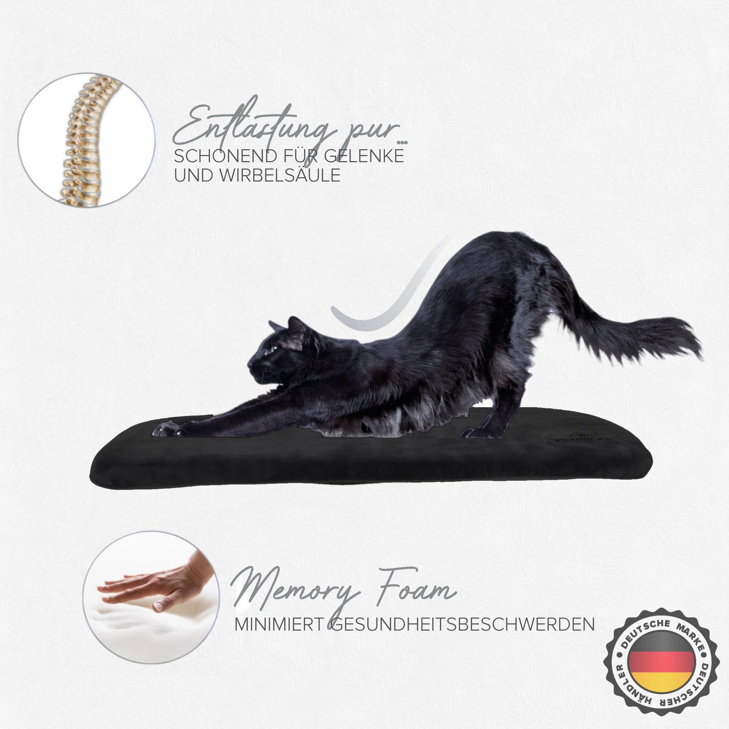 Schwarze Katzenliege mit Memory Foam für optimale Gelenkentlastung und Komfort.